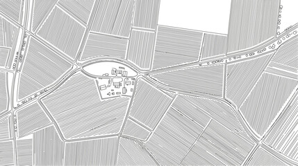 Top down aerial view of a rural agricultural landscape with a small cluster of buildings. © Avis_Sunani