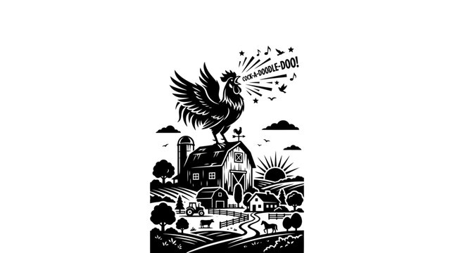 A majestic rooster crowing loudly atop a rustic farm barn.