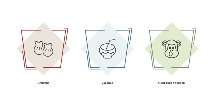 culture and civilization icon set with wontons, kalabas, chimp face of brazil signs in flat outline style