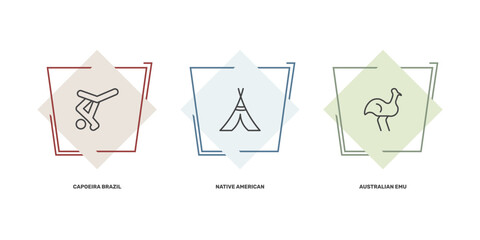culture and civilization icon set with capoeira brazil dancers, native american wigwam, australian emu signs in flat outline style © Abstract