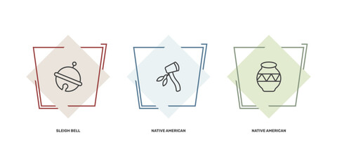 culture and civilization icon set with sleigh bell, native american axes, native american pot signs in flat outline style © Abstract