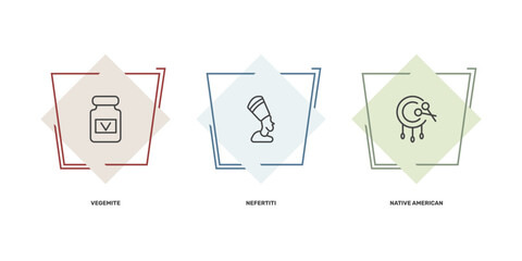 culture and civilization icon set with vegemite, nefertiti, native american drum signs in flat outline style © Abstract