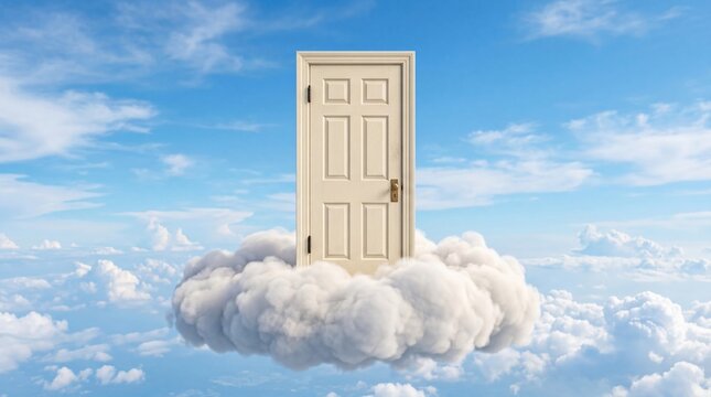 Surreal white door standing on fluffy white cloud amidst bright blue sky atmosphere