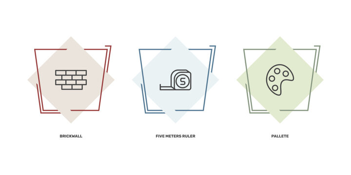 construction icon set with brickwall, five meters ruler, pallete signs in flat outline style