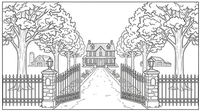 A detailed black and white line art illustration of a grand estate entrance with open iron gates.