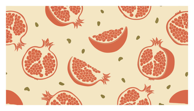 Pomegranate fruits and seeds pattern on beige background in botanical graphic style