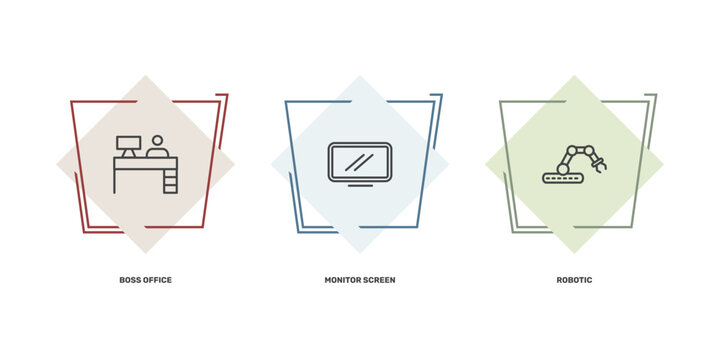 computer and tech icon set with boss office, monitor screen, robotic signs in flat outline style