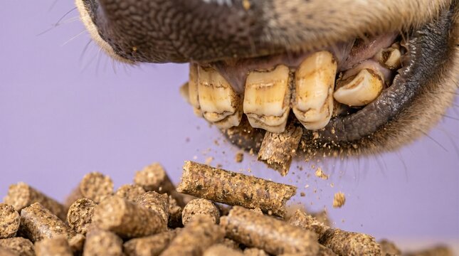 Zoom-in of a bull's large molar teeth crushing hard feed pellets