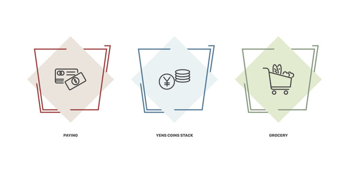 commerce and marketing icon set with paying, yens coins stack, grocery signs in flat outline style