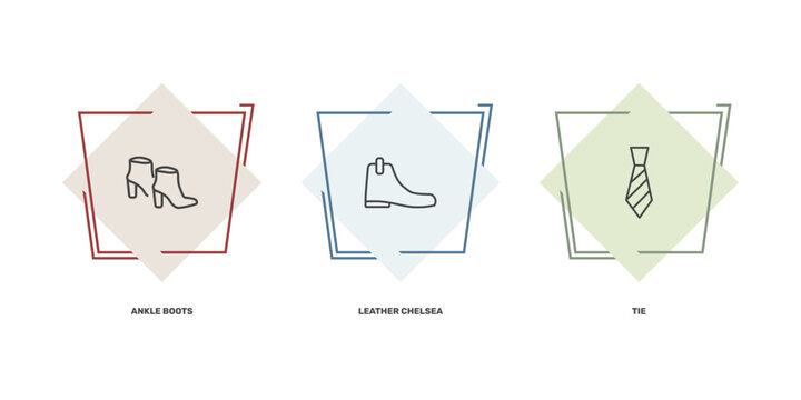 clothes and outfit icon set with ankle boots, leather chelsea boots, tie signs in flat outline style