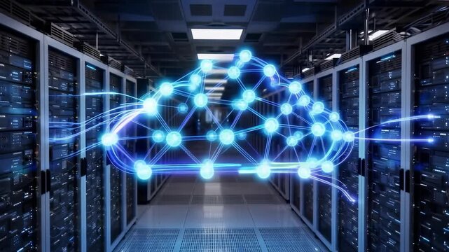 Glowing blue cloud network in a data center server room with rows of computer racks