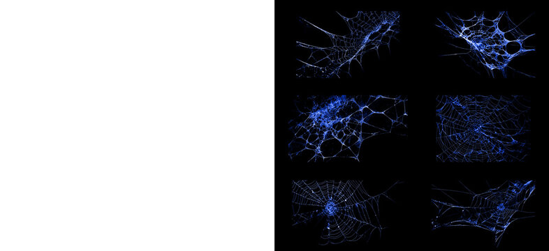 Set of cyan glowing spider webs isolated on transparent and black backgrounds futuristic neon neon filament patterns for digital art creative graphic design web overlays.