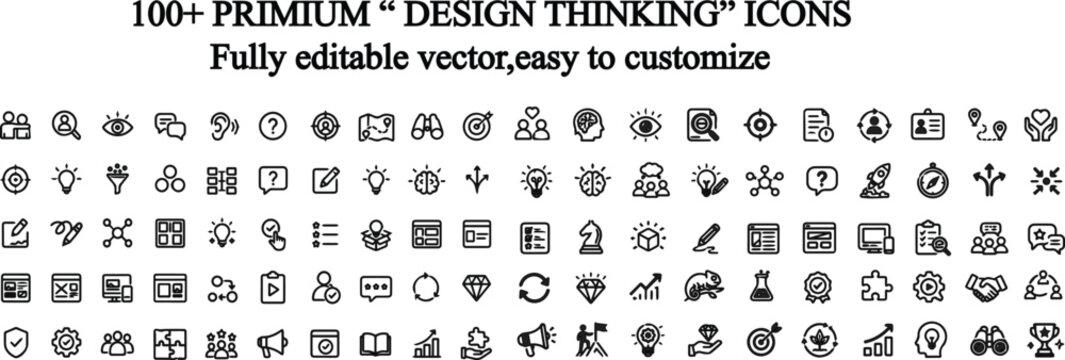 Professional Design Thinking Line Icons Set &ndash; Creative Innovation & Problem Solving Collection.perfect for UI/UX design, startups, business presentations, mobile apps, websites, infographics, branding