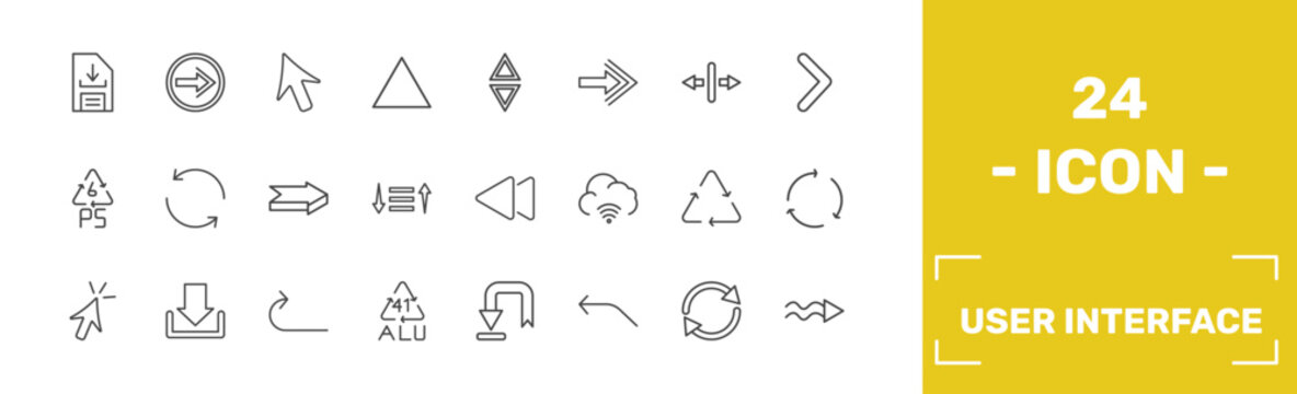 user interface icon set with download data, go back button, mouse cursor, undulating arrow signs in flat outline style