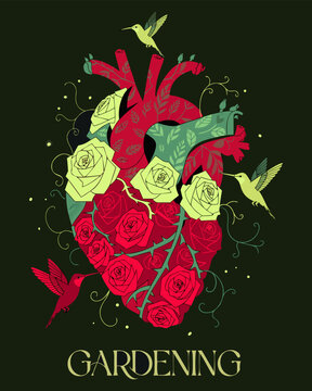 Floral heart with hummingbirds and roses modern t shirt design illustration