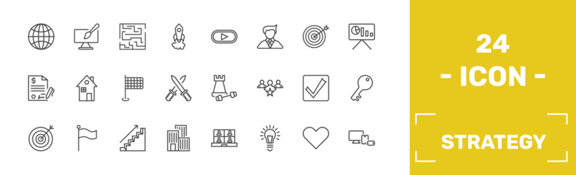 strategy icon set with website, web de, strategy in a labyrinth, responsive signs in flat outline style