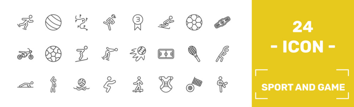 sport and game icon set with skating, exercise ball, slalom, pencak silat signs in flat outline style