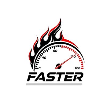 Speedometer gauge icon with flames and faster text illustration