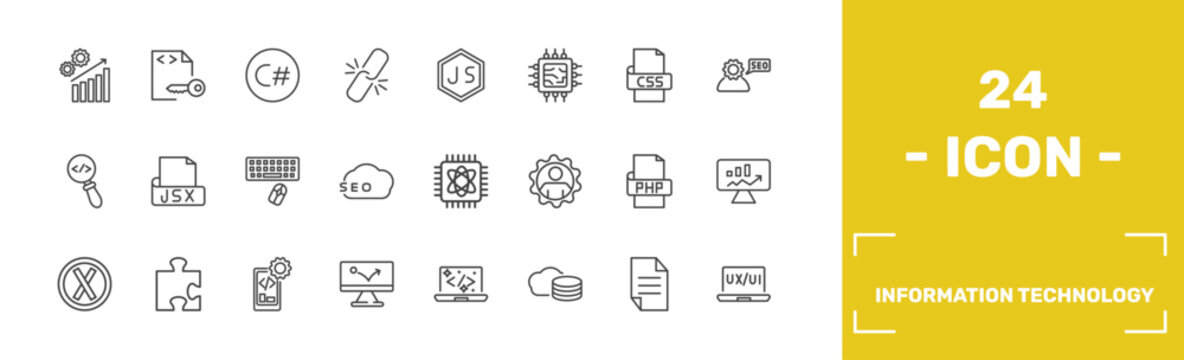 information technology icon set with seo growth, encripted file, c sharp, ux de signs in flat outline style