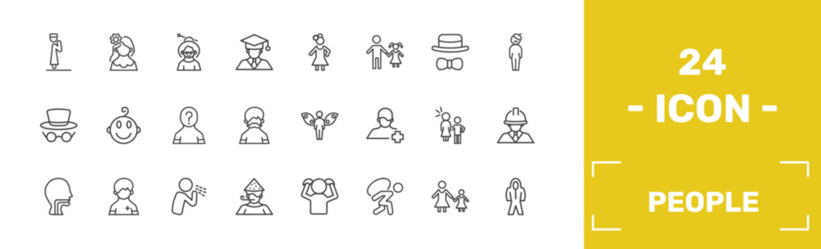 people icon set with takbir, venezuelan, old woman, protective suit signs in flat outline style