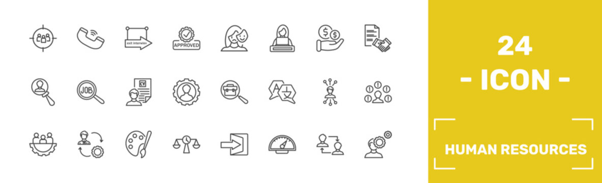 human resources icon set with target audience, call, exit interview, behavioral competency signs in flat outline style