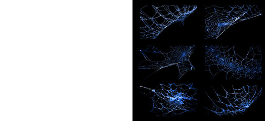Set of cyan spider web elements for halloween decoration designs isolated on black background includes collection of various glowing creepy insect trap patterns for art. © Creative Png