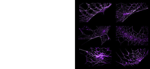 Set of purple spider web elements for halloween decoration designs isolated on black background includes collection of various glowing creepy insect trap patterns for art. © Creative Png