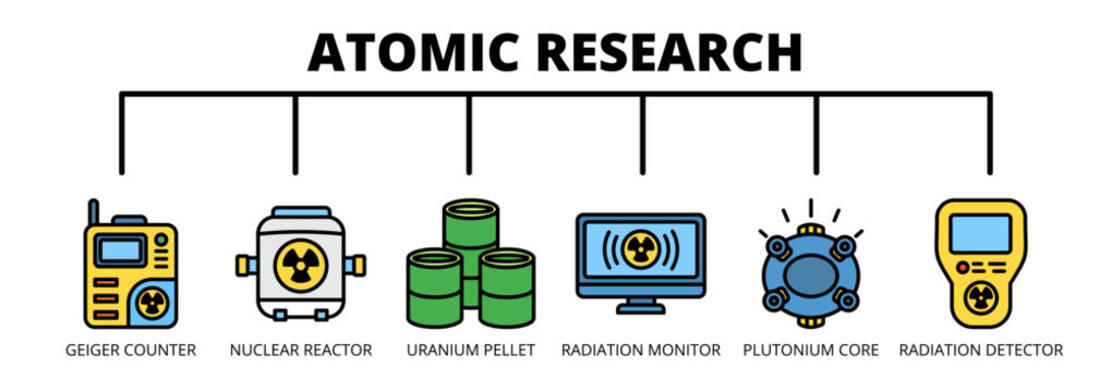 Atomic Research web banner icon vector illustration concept with icons of geiger counter, nuclear reactor, uranium pellet, radiation monitor, plutonium core, and radiation detector. 