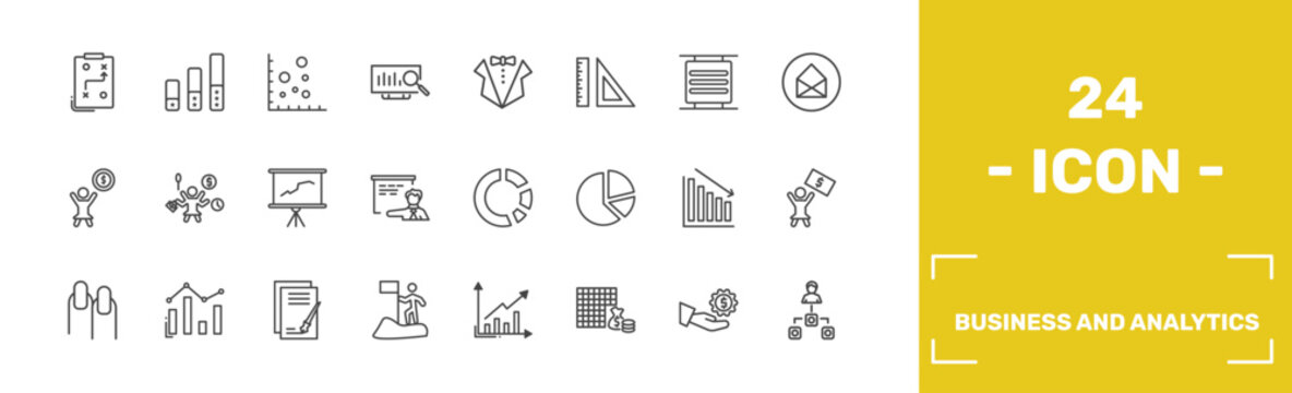 business and analytics icon set with tactic, ranking factor, scatter chart, department head signs in flat outline style