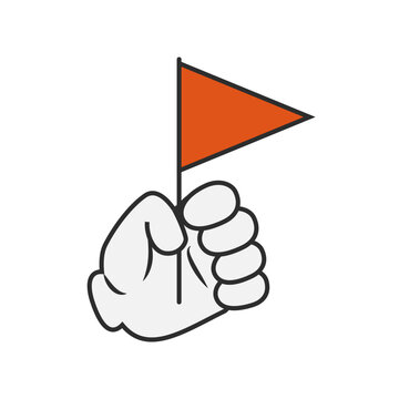 Cartoon arm character. Comic hand of retro character, flag in hand.