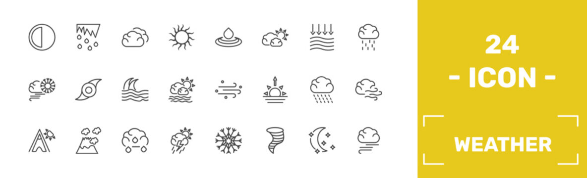 weather icon set with last quarter, thaw, cumulus, blanket of fog signs in flat outline style