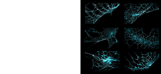 Set of white spider web elements for halloween decoration designs isolated on transparent background includes collection of various creepy insect trap patterns for overlays. © Creative Png