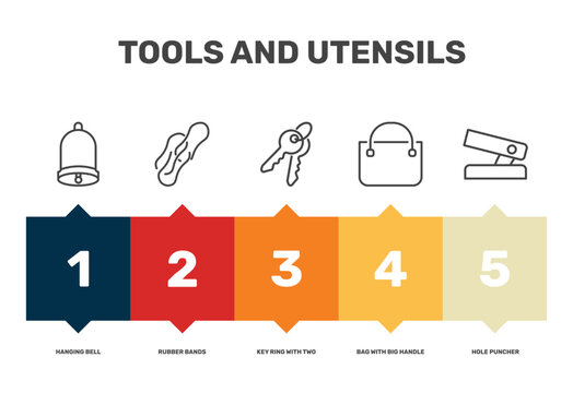 tools and utensils icon set with hanging bell, key ring with two keys, bag with big handle, hole puncher signs in flat outline style