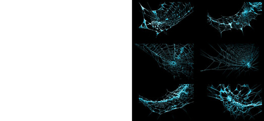 Light blue spider web textures and transparent white cobweb overlays for frozen horror themes and winter halloween decorations set of glowing magical spiderweb elements. © Creative Png