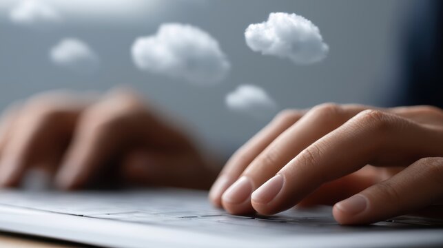 Hands typing on keyboard with floating cloud data icons, representing cloud computing and digital workflow automation