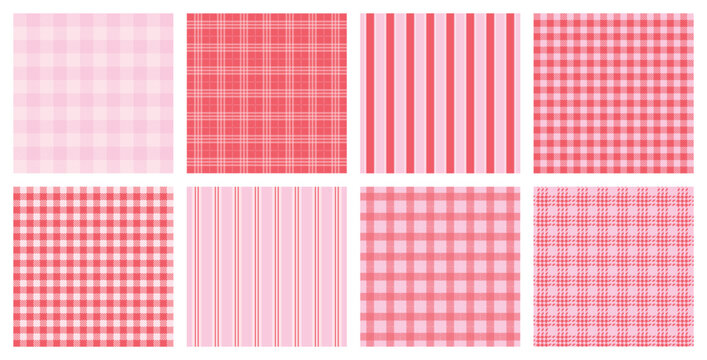 Collection of pink and red seamless plaid, striped and checkerboard patterns for textile prints, wrapping paper, picnic fabric, scrapbook backgrounds and retro surface design projects and stationery