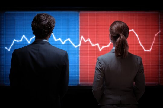 Business people observe divided financial graph