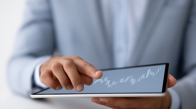 Investor reviewing stock market candlestick chart on tablet, financial risk analysis and portfolio management concept