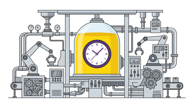 industrial factory machine illustration with robotic arms and clock inside yellow liquid tank, symbolizing efficient production time and illustrating automated manufacturing processes