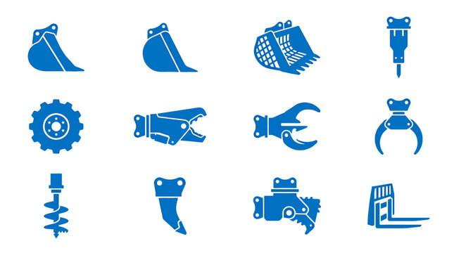 Various blue flat vector icons of excavator attachments such as buckets, hydraulic hammers, shears and augers, representing heavy machinery equipment, Symbolizing industrial construction operations