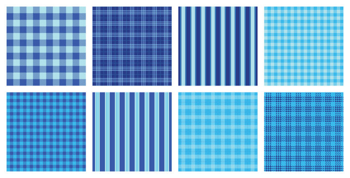 Blue seamless plaid and gingham pattern collection with stripes and checks, inspired by textile fabric textures for wallpaper, wrapping paper, backgrounds and modern surface design artwork concepts