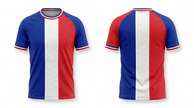Front and back view of a french flag themed sports jersey isolated on white background