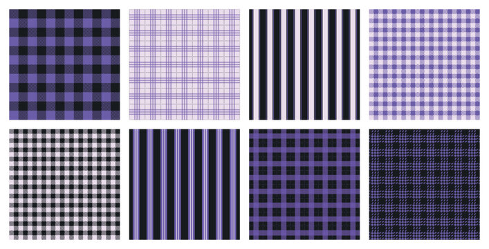 Seamless purple and black plaid pattern set featuring striped textures, tartan grids, geometric checker designs and stylish textile backgrounds for fashion, decor and digital prints