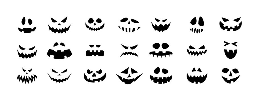 Collection of black silhouettes of scary, evil, and funny faces for Halloween pumpkin carving. Vector icons of Jack-o-lantern emotions isolated on white background