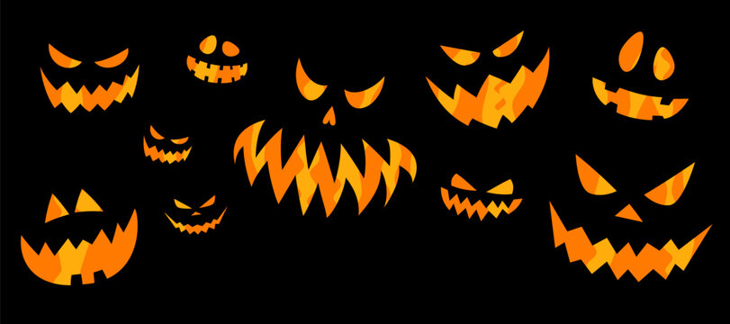 Set of glowing orange scary and evil faces for Halloween. Jack-o-lantern emotional expressions with fire or light effect isolated on black background. Vector illustration