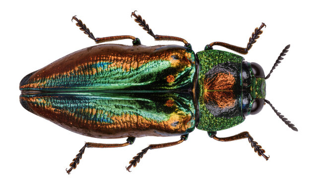 Iridescent metallic jewel beetle with green and bronze elytra