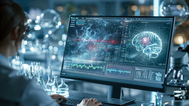 Female researcher typing on keyboard analyzing neural network models on large screen in laboratory