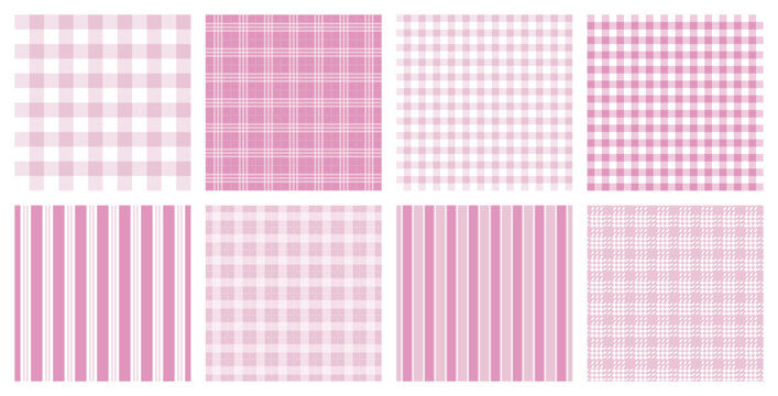 Soft pink seamless patterns collection featuring plaid gingham stripes and checkered textures for feminine textile wallpaper wrapping paper scrapbook and elegant pastel background