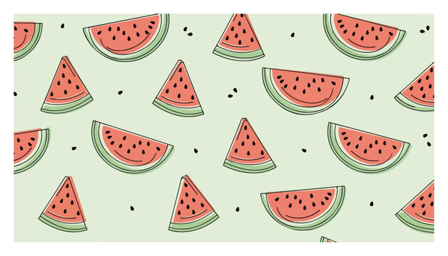 Watermelon slices seamless pattern with seeds on light green background hand drawn doodle style