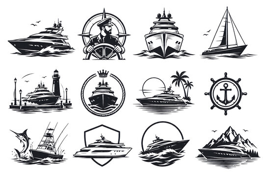 Yachting And Nautical Icons Set. Luxury Yacht And Sailboat Vector Collection